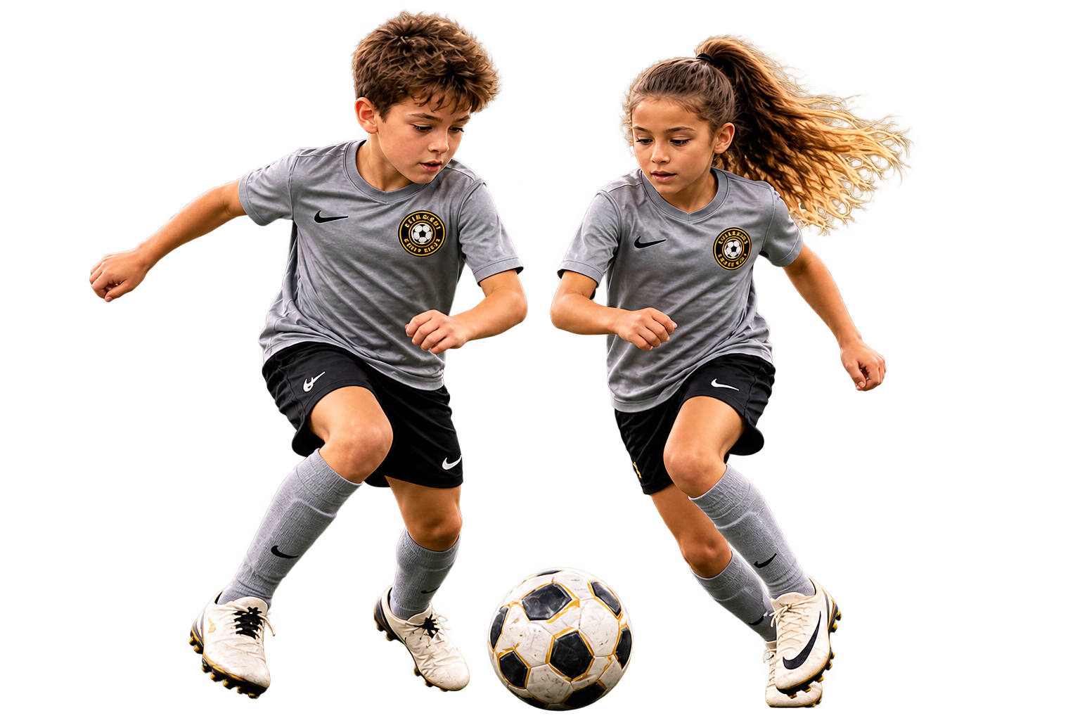 Les deux jeunes footballeurs du flyer Foot Élite 78 en action autour du ballon